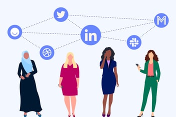 a network of women with social media icons