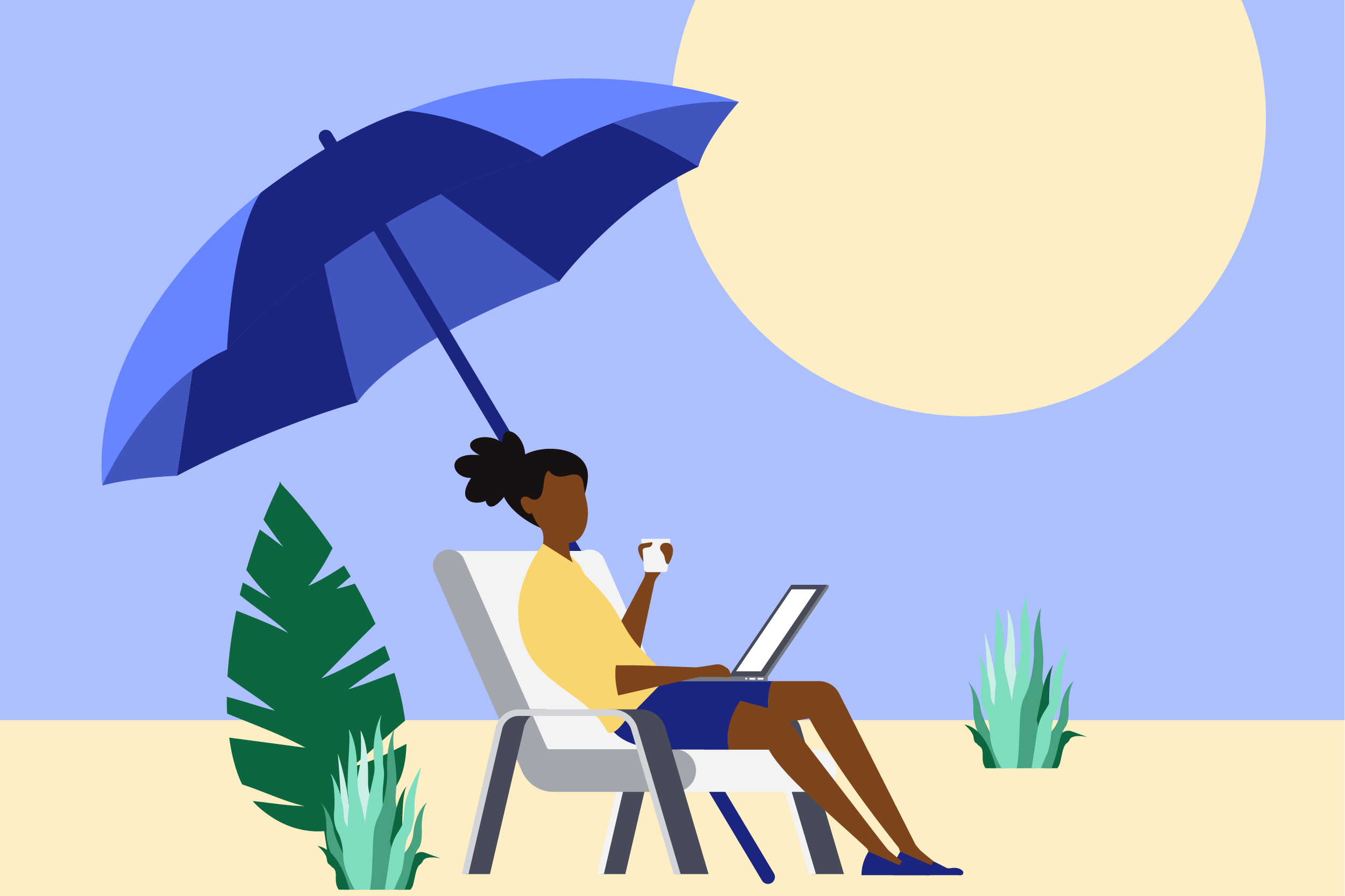 illustration of a woman working on a laptop while on vacation