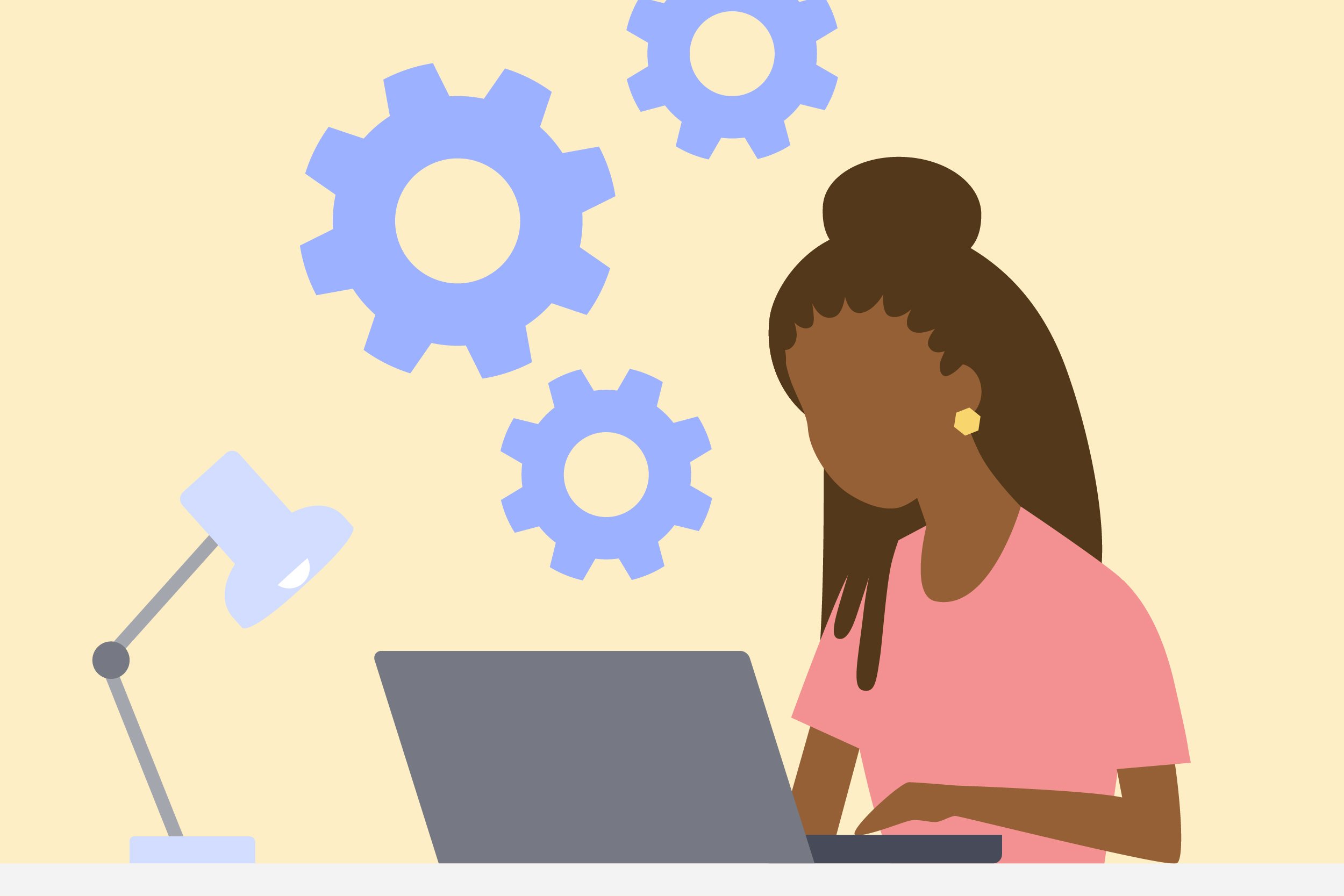 illustration of a woman working with gears turning around her